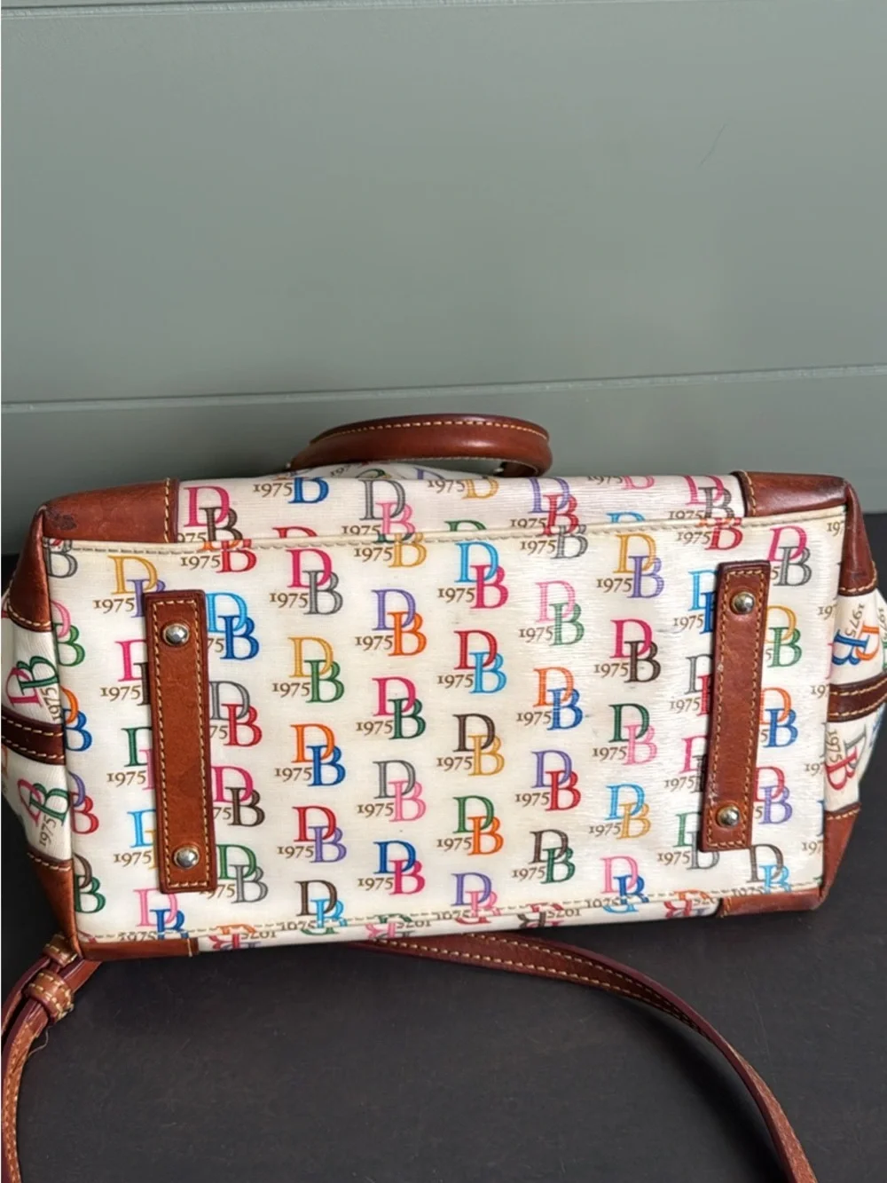 Vintage Dooney & Bourke Multicolor Monogram Satchel with Tan Leather Trim